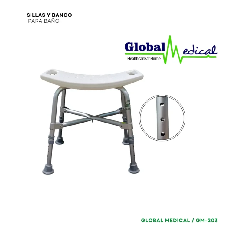 Silla de baño tipo banco GM-203 con asiento plástico y regatones antideslizantes