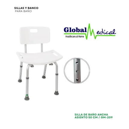 Silla de baño ancha GM-209 con asiento plástico de 50 cm